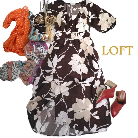 LOFT Dresses & Skirts - Loft Floral Brown and Cream Dress Small Petite Maxi